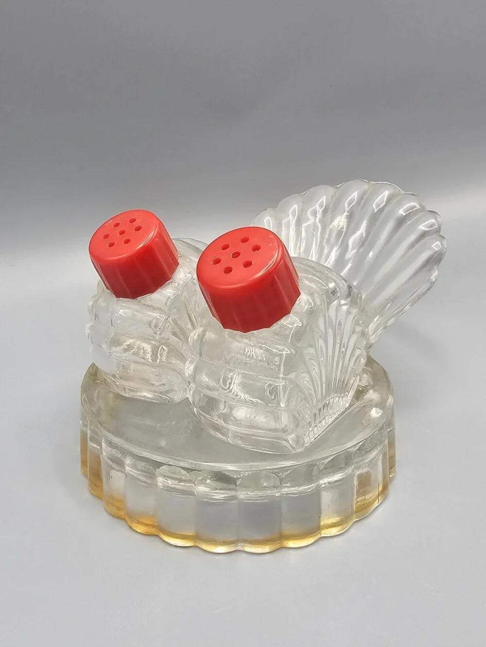 Vintage Glass Shell Shaped Salt and Pepper Shakers with Holder